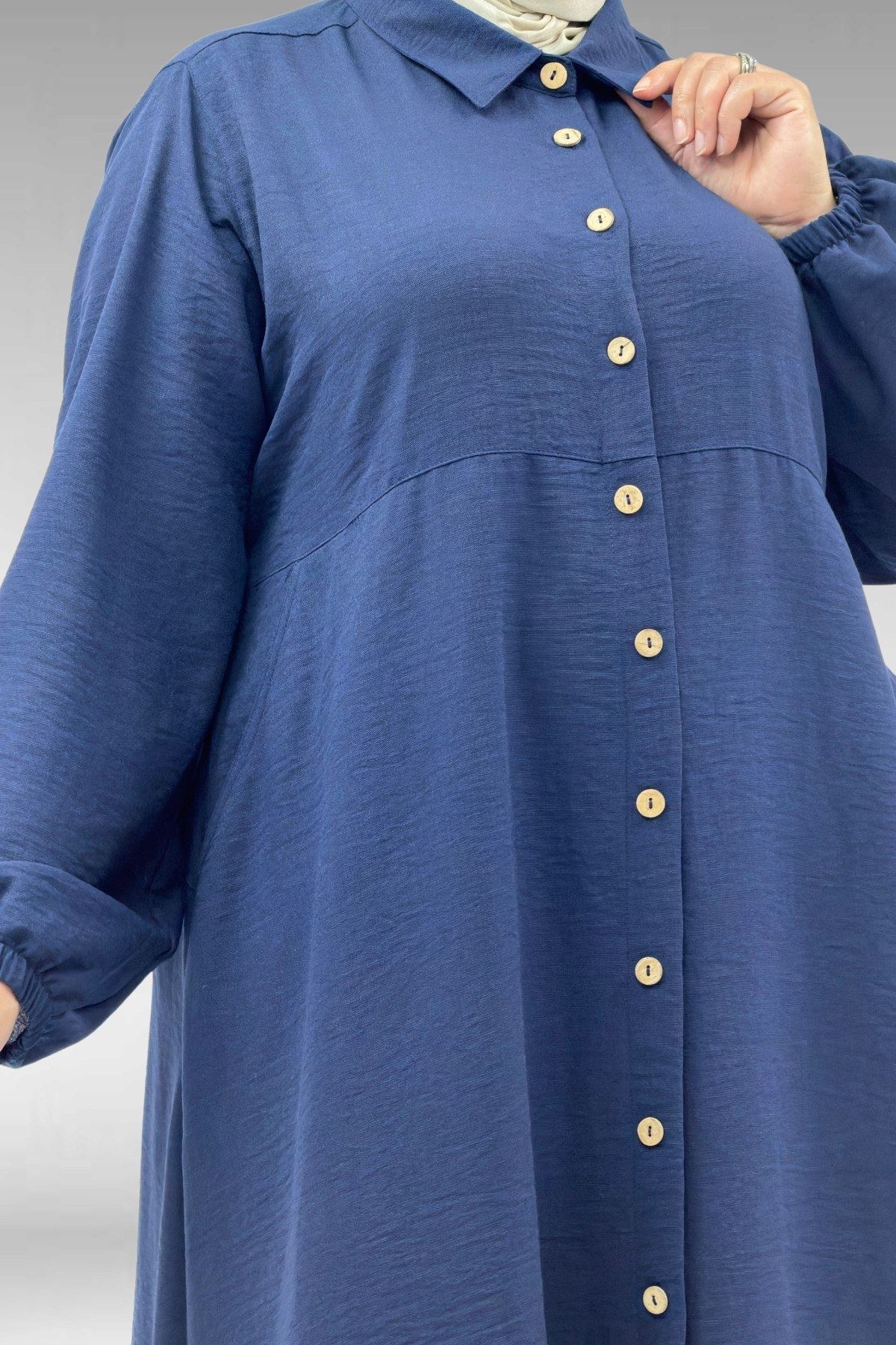 62009 Büyük Beden Kolları Lastikli Boydan Düğmeli Keten Elbise - Lacivert