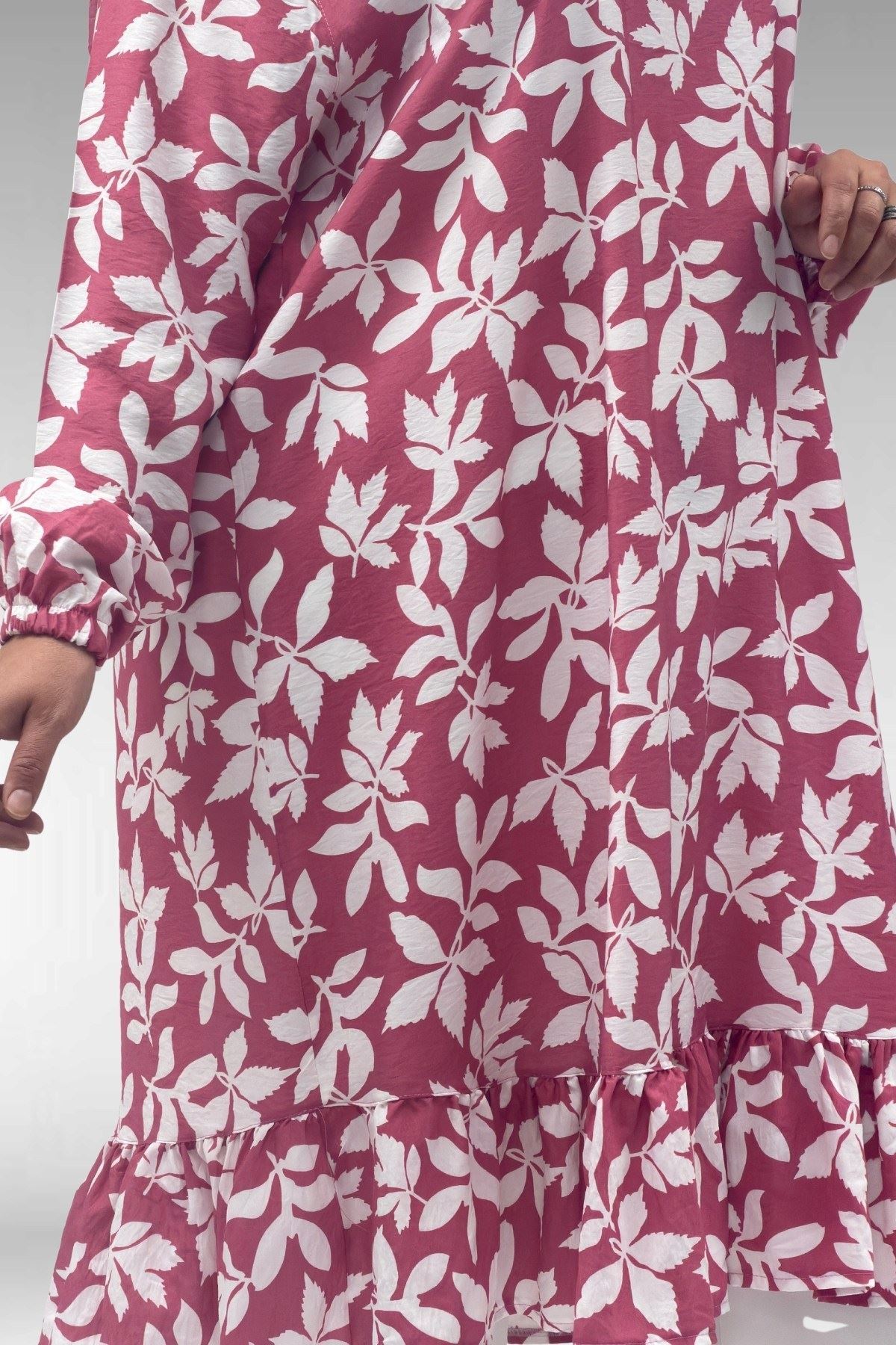 68040 Büyük Beden Eteği Fırfırlı Mango Tunik - Yaprak Desen Pembe