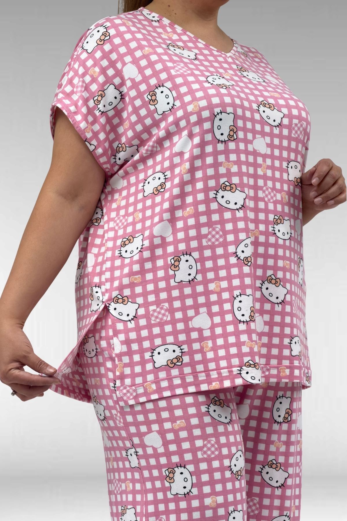 67802 Büyük Beden Yanı Yırtmaçlı Milan Pijama Takımı - Kedi Desenli