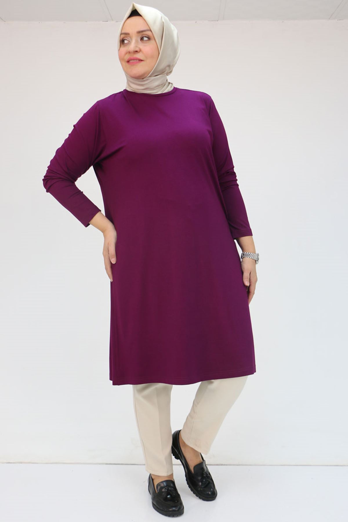 38501 Büyük Beden Basic Penye Tunik - Mor