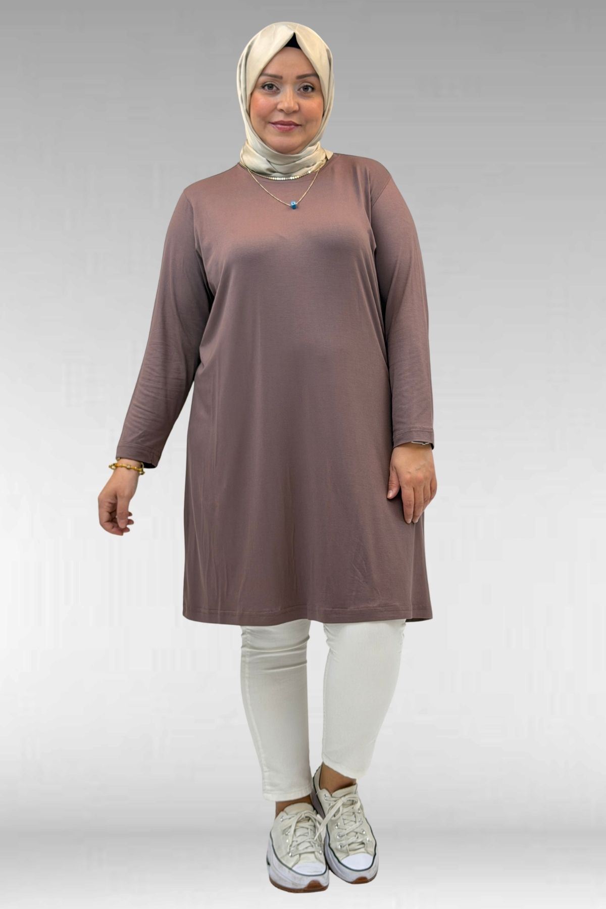 38501 Büyük Beden Basic Penye Tunik - Vizon