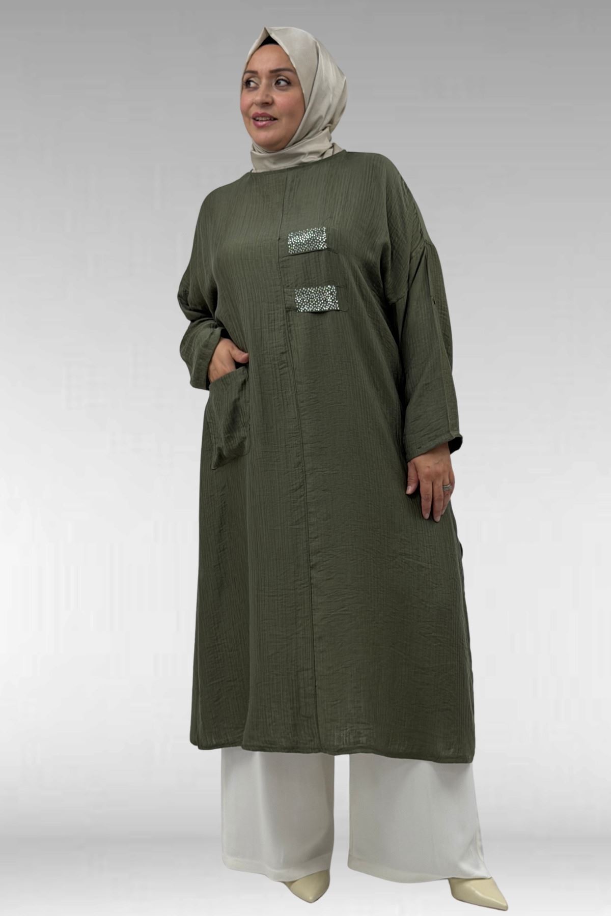 68044 Büyük Beden Taş Baskı Detaylı Double Tensel Tunik - Haki