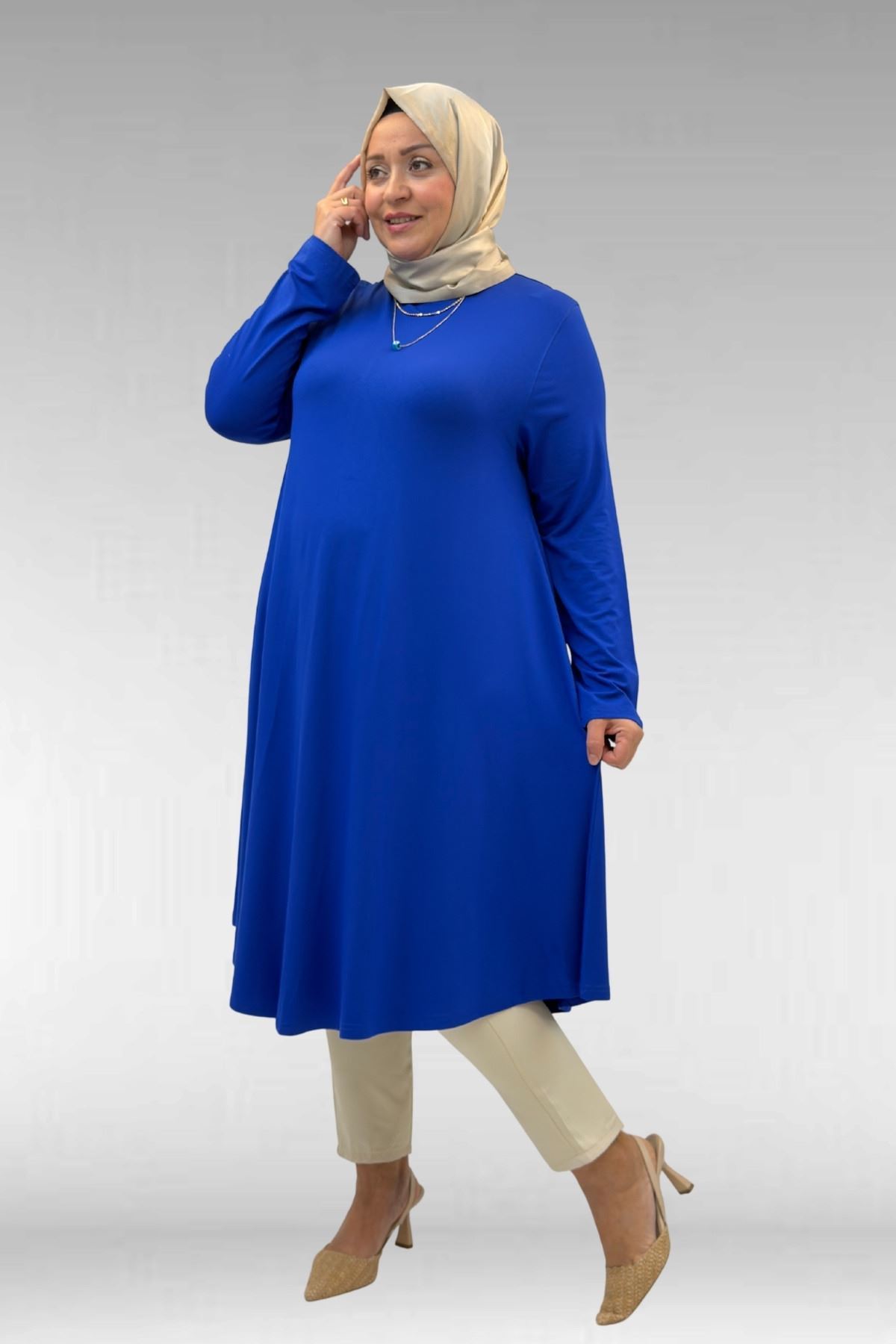 28016 Büyük Beden Penye Mevlana Tunik - Saks