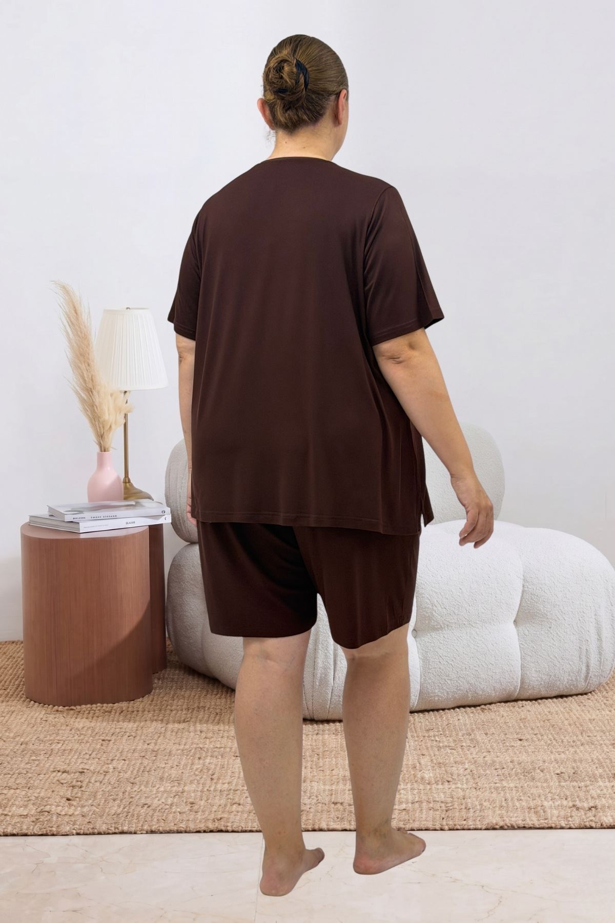 67807 Büyük Beden Baskılı Şort-Tişört Pijama Takımı - Kahve