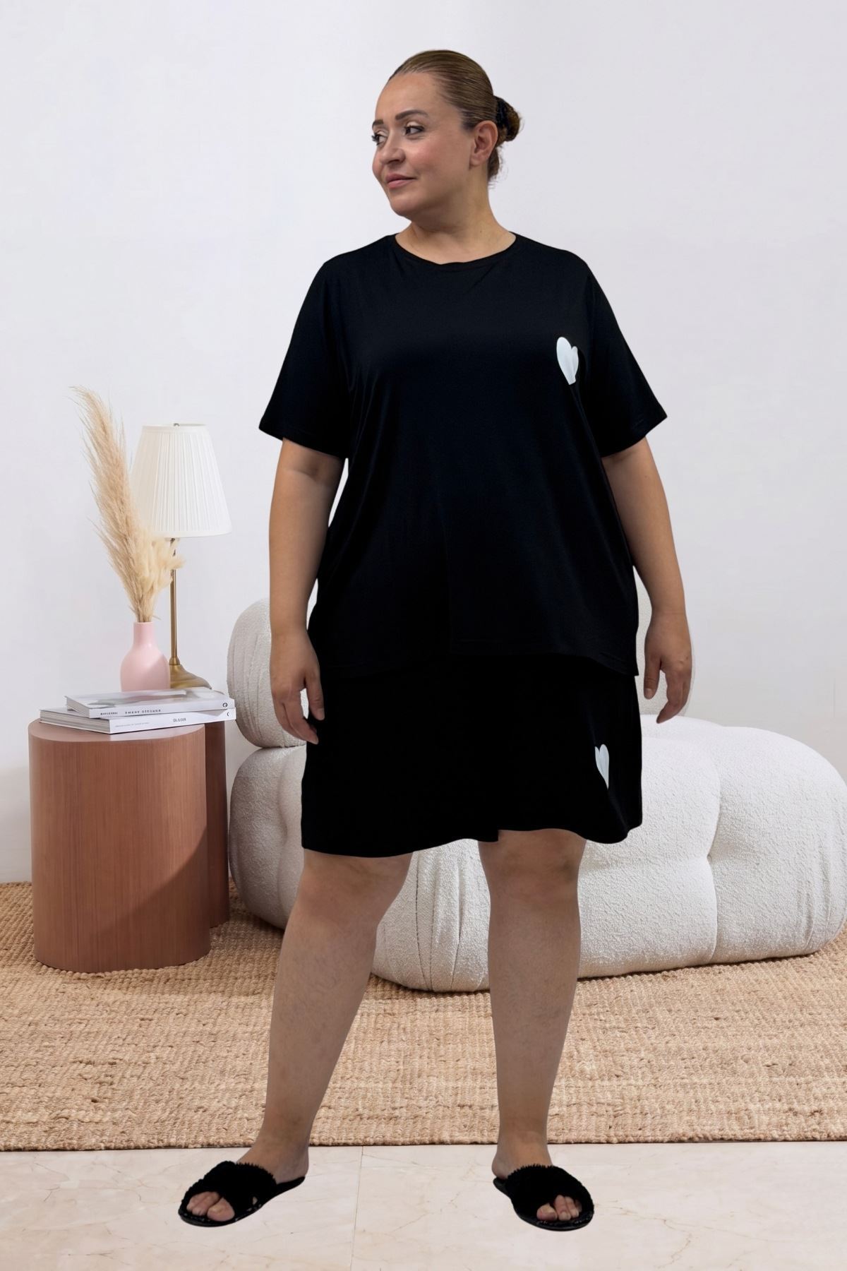 67807 Büyük Beden Baskılı Şort-Tişört Pijama Takımı - Siyah
