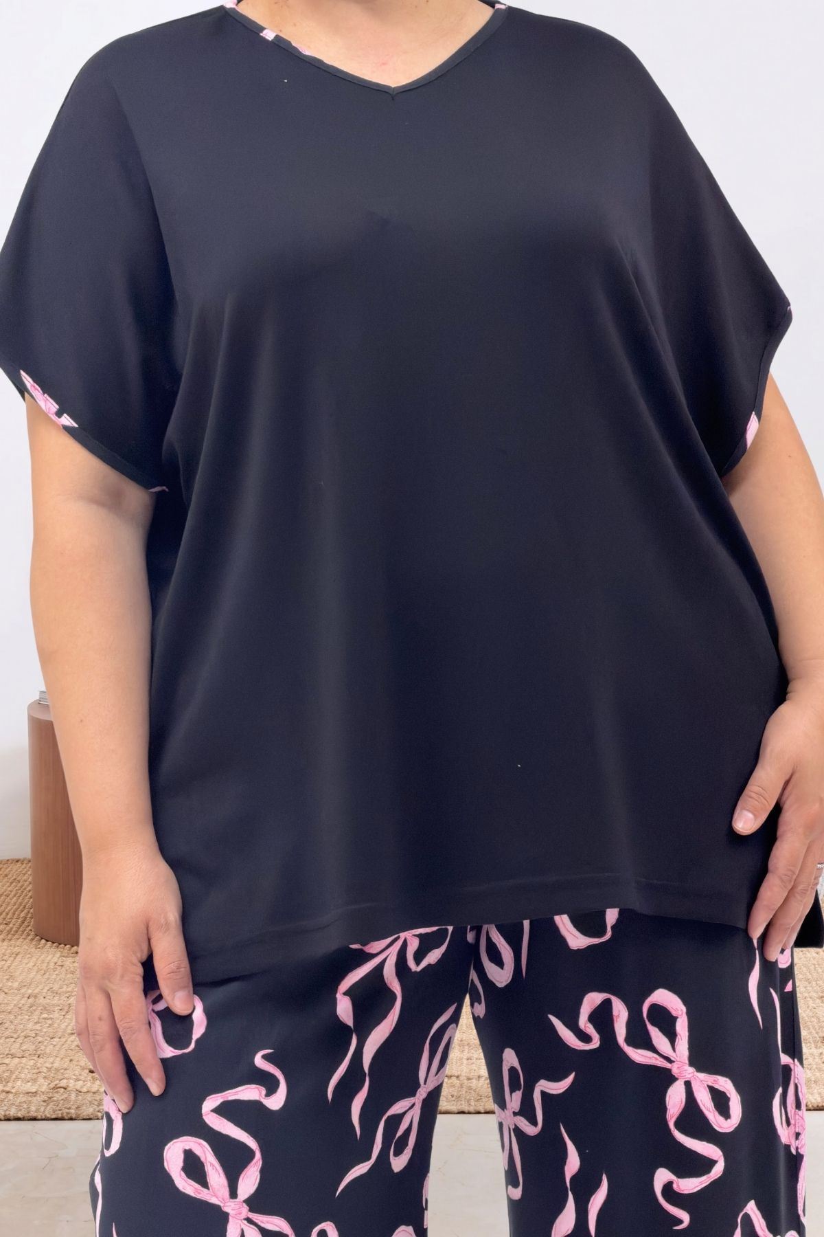 67808 Büyük Beden Kombinli Modal -Milan Pijama Takımı - Pembe Kurdele Desenli