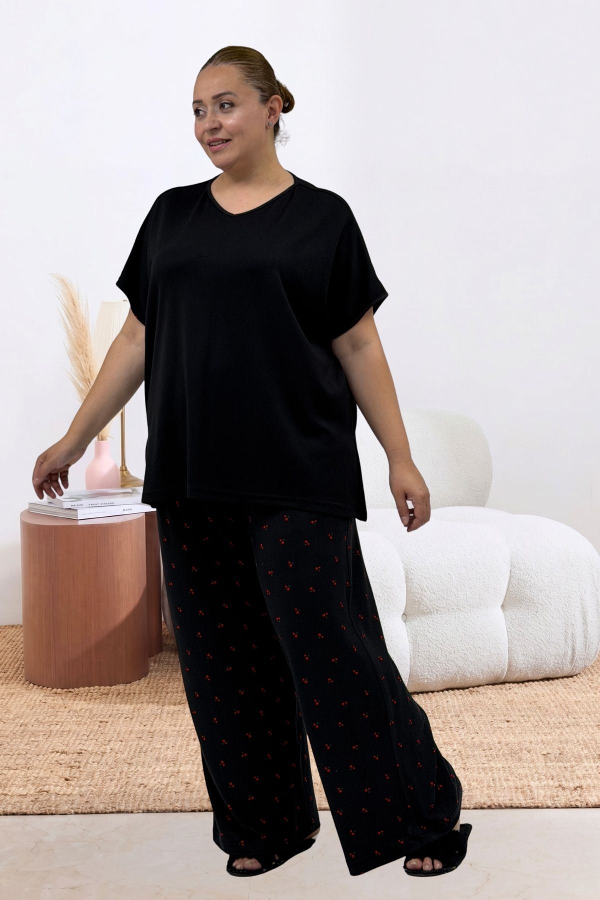 67808 Büyük Beden Kombinli Modal -Milan Pijama Takımı - Kiraz Desenli