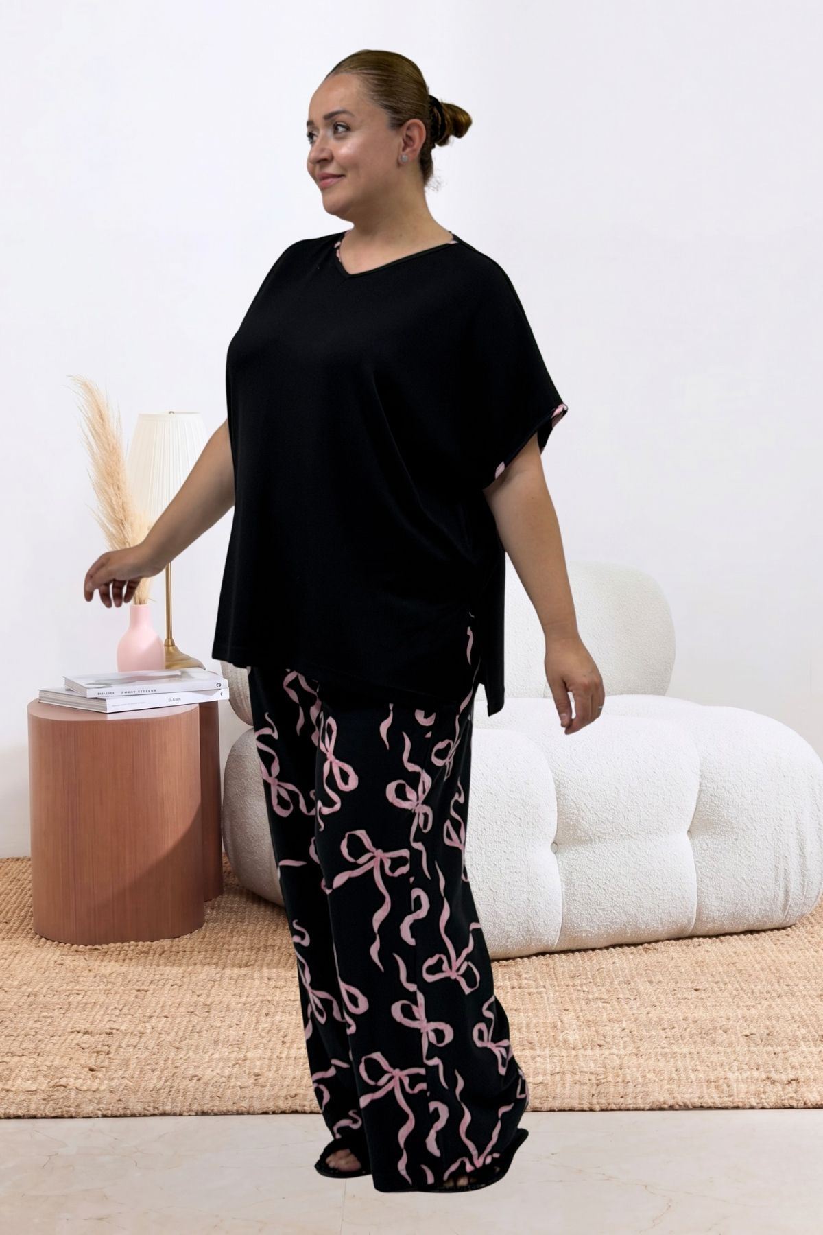 67808 Büyük Beden Kombinli Modal -Milan Pijama Takımı - Pembe Kurdele Desenli
