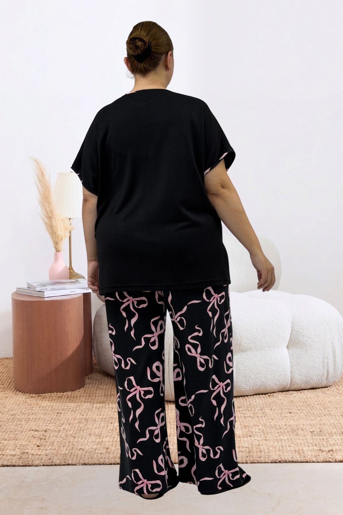 67808 Büyük Beden Kombinli Modal -Milan Pijama Takımı - Pembe Kurdele Desenli