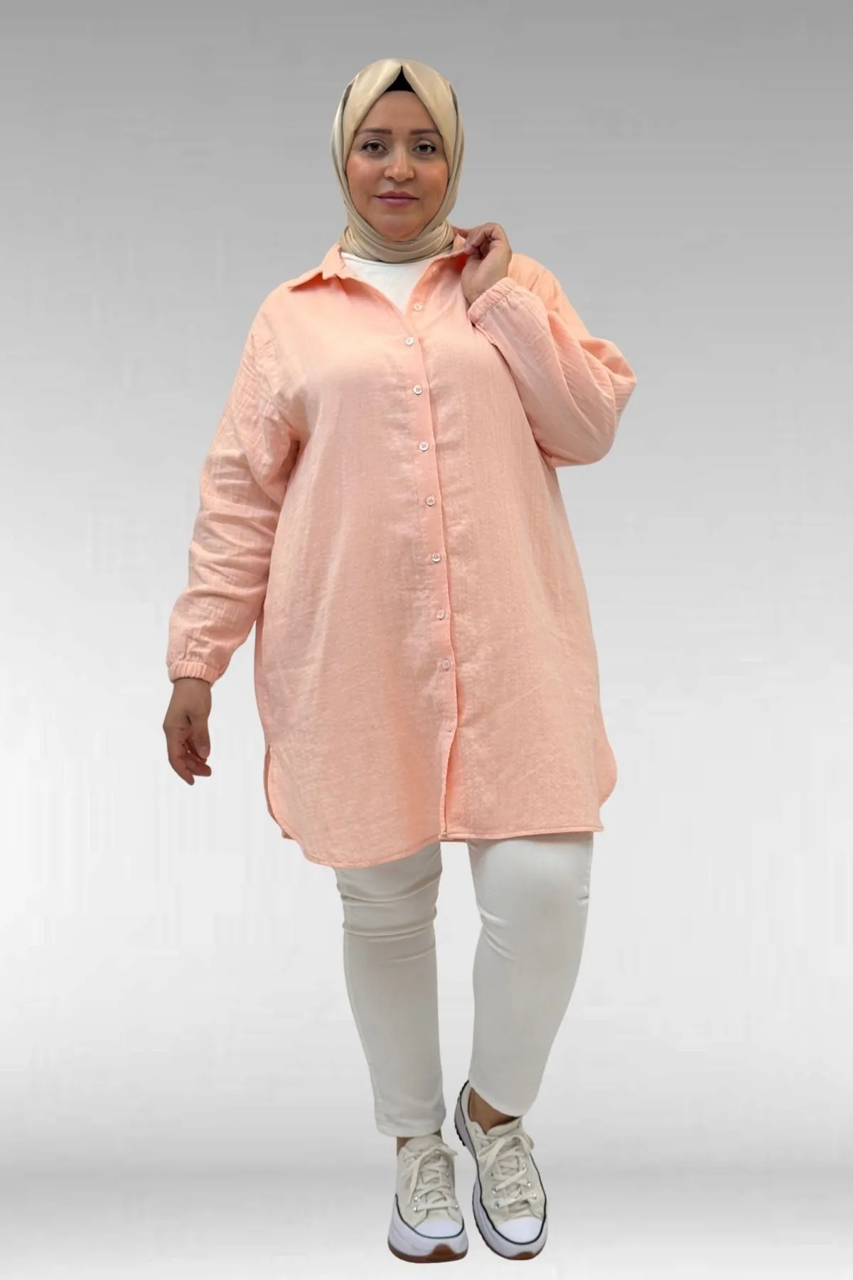 58091 Büyük Beden Kolları Lastikli Müslin Gömlek - Toz Pembe