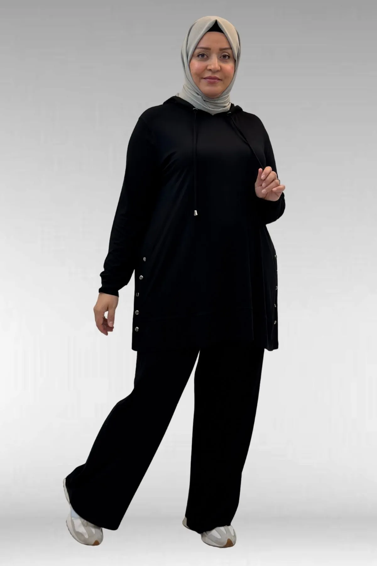 67034 Büyük Beden Yanları Patlı Penye Pantolonlu Takım - Siyah