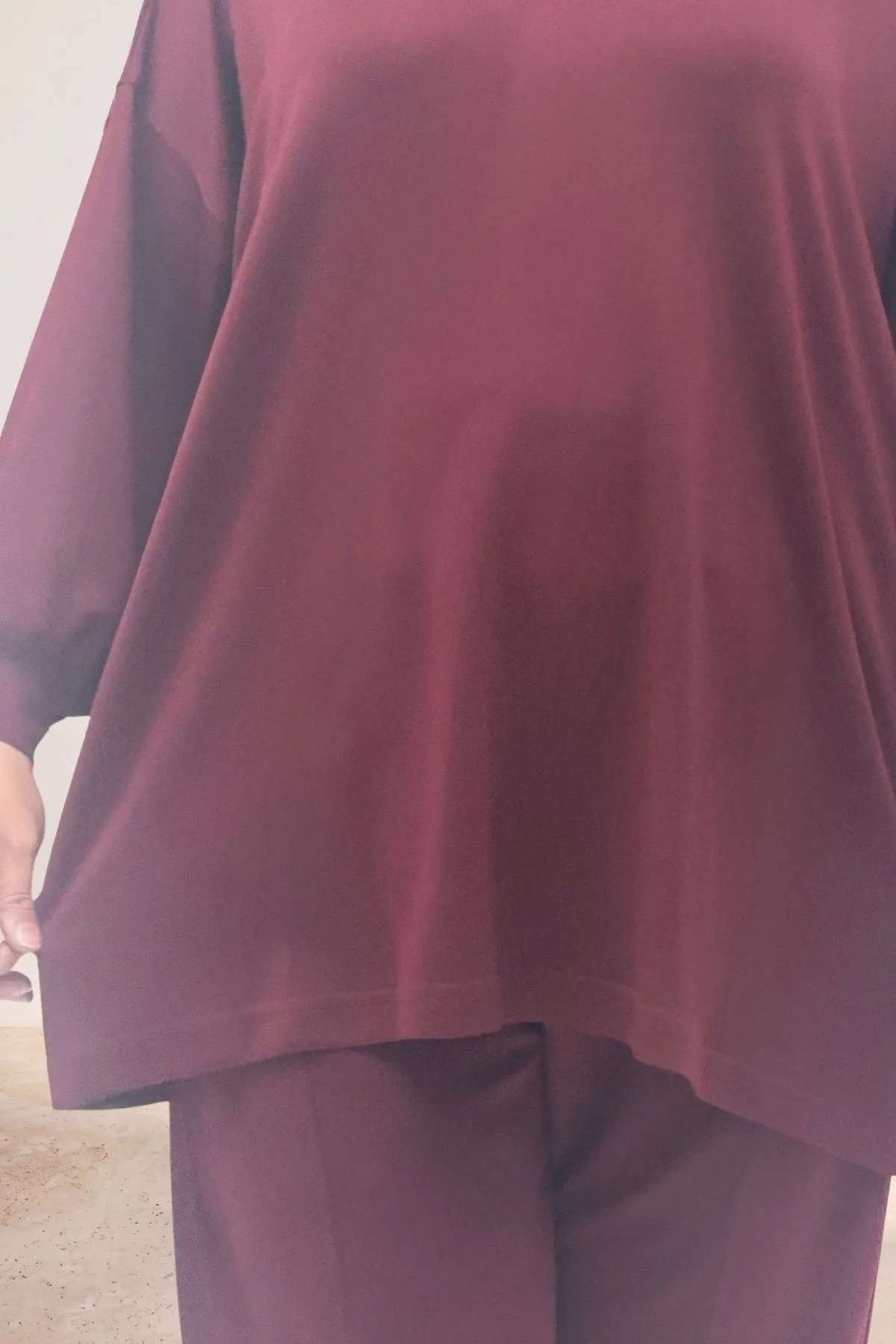 67069 Büyük Beden Düşük Kol  Modal Pantolonlu Takım - Bordo