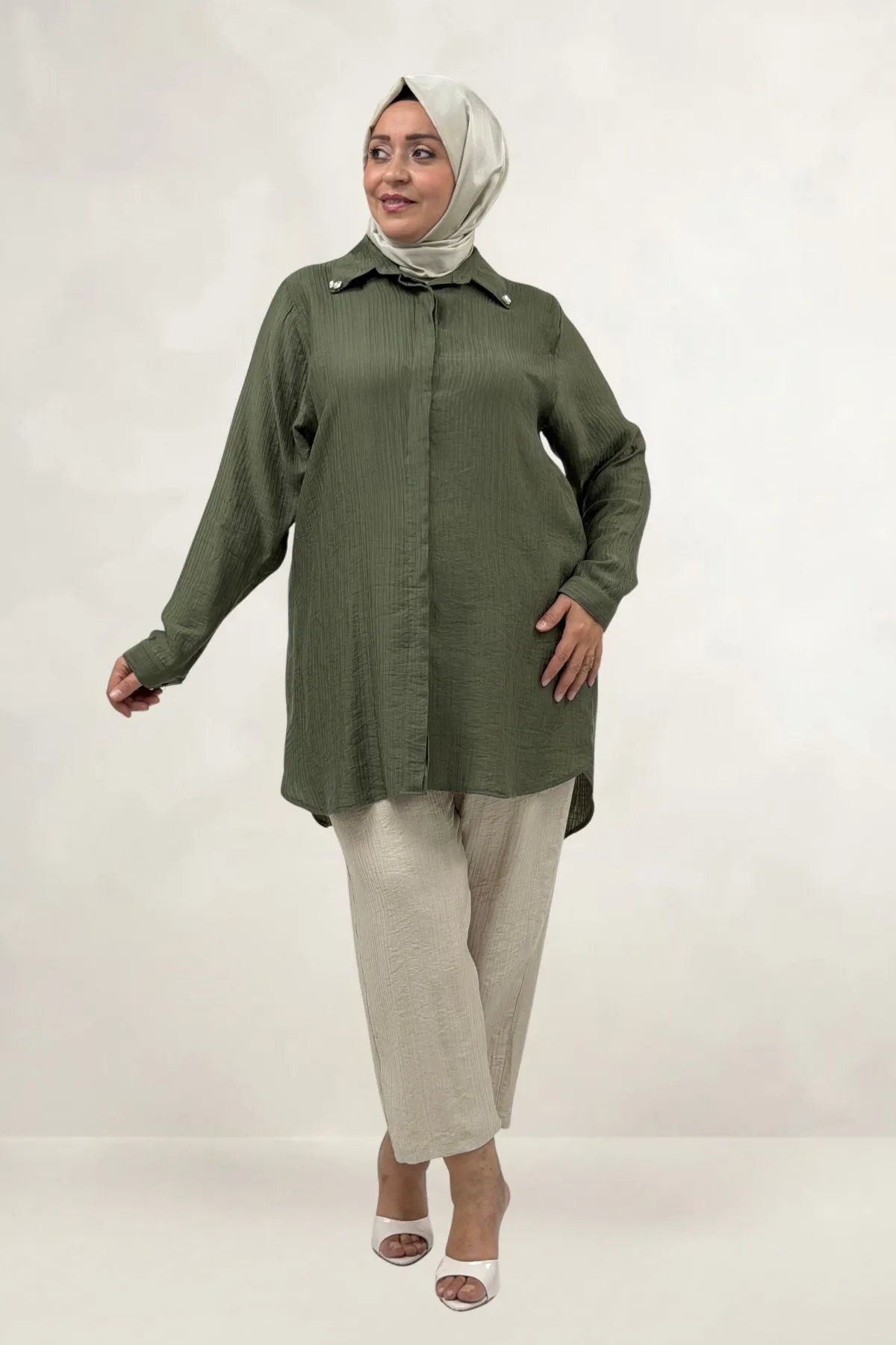 68089 Büyük Beden İnci Dikmeli Double Tensel Tunik - Nefti