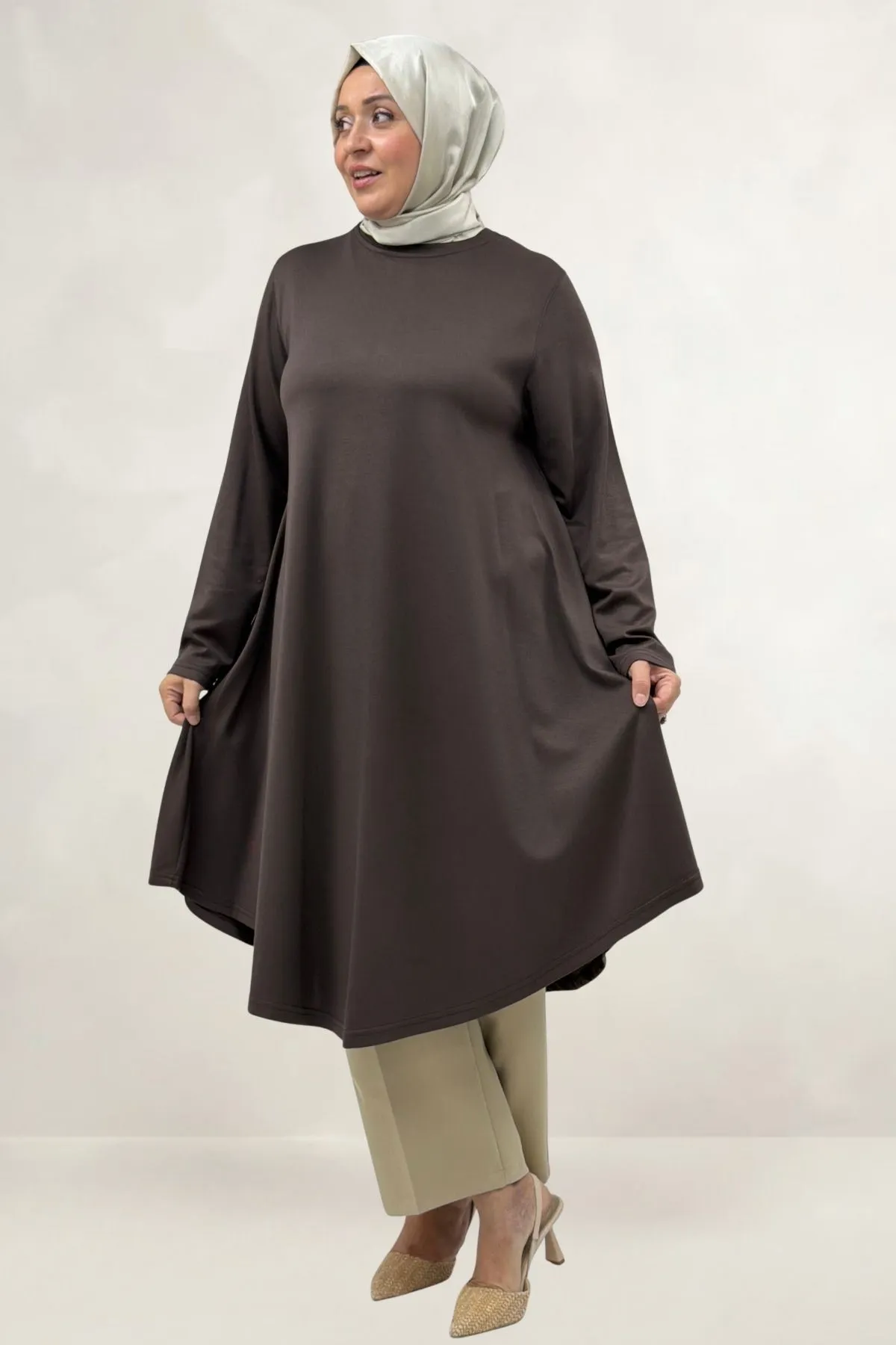 68090  Büyük Beden Modal Mevlana Tunik - Kahve