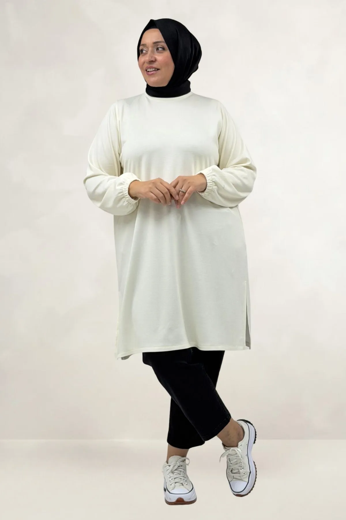 68080 Büyük Beden Basic Modal Tunik - Ekru