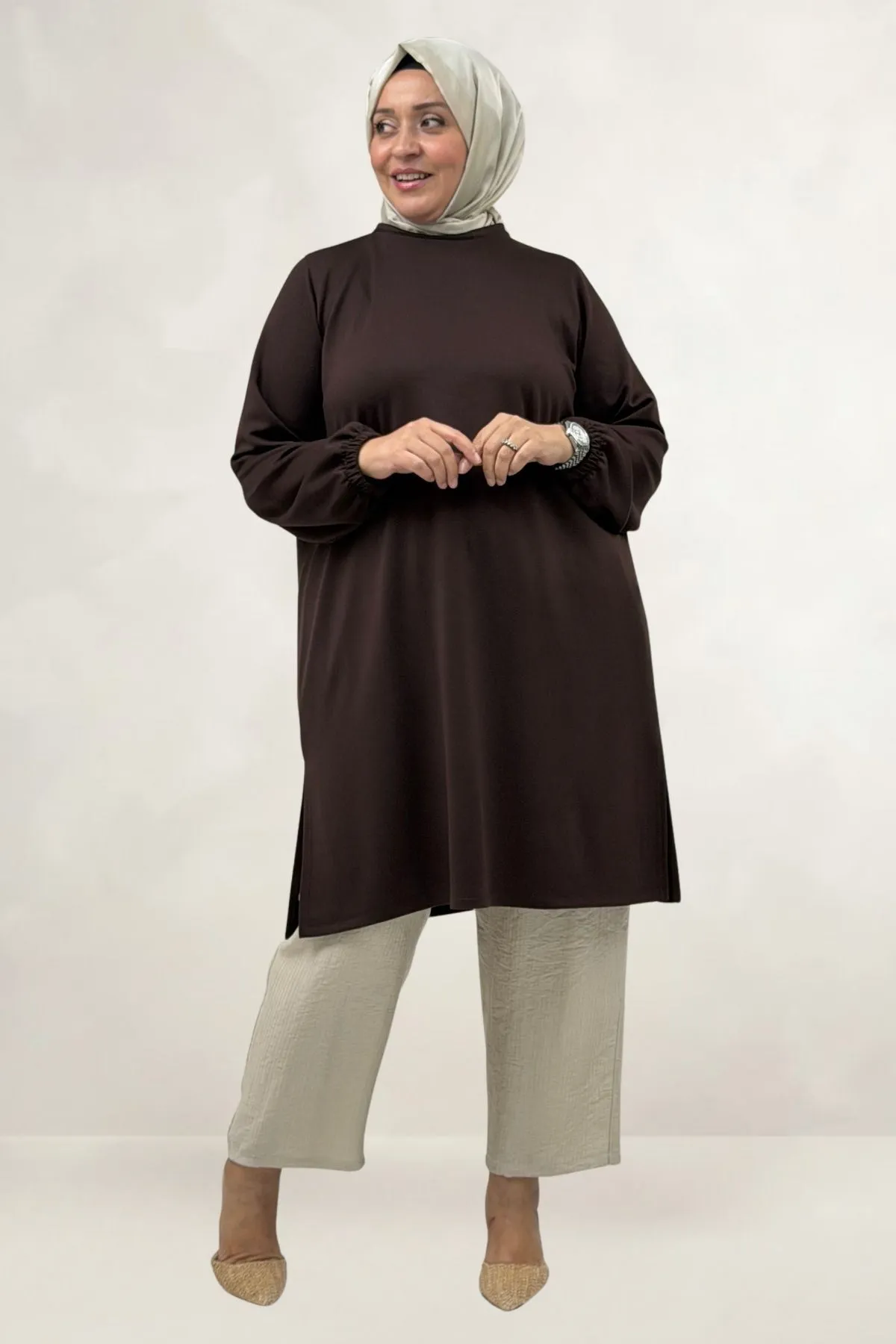 68080 Büyük Beden Basic Modal Tunik - Kahve