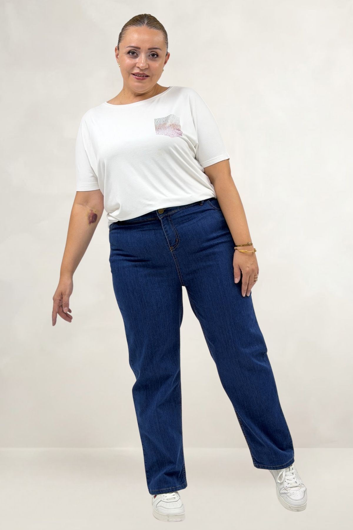 5053-1  Beli Yarı Lastikli Kot Pantolon - Mavi