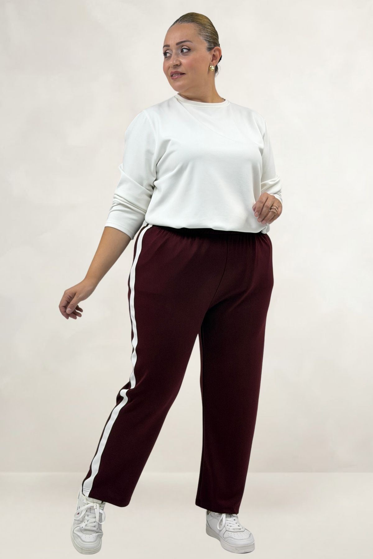 69025 Büyük Beden Yanları Şeritli Modal Pantolon - Bordo