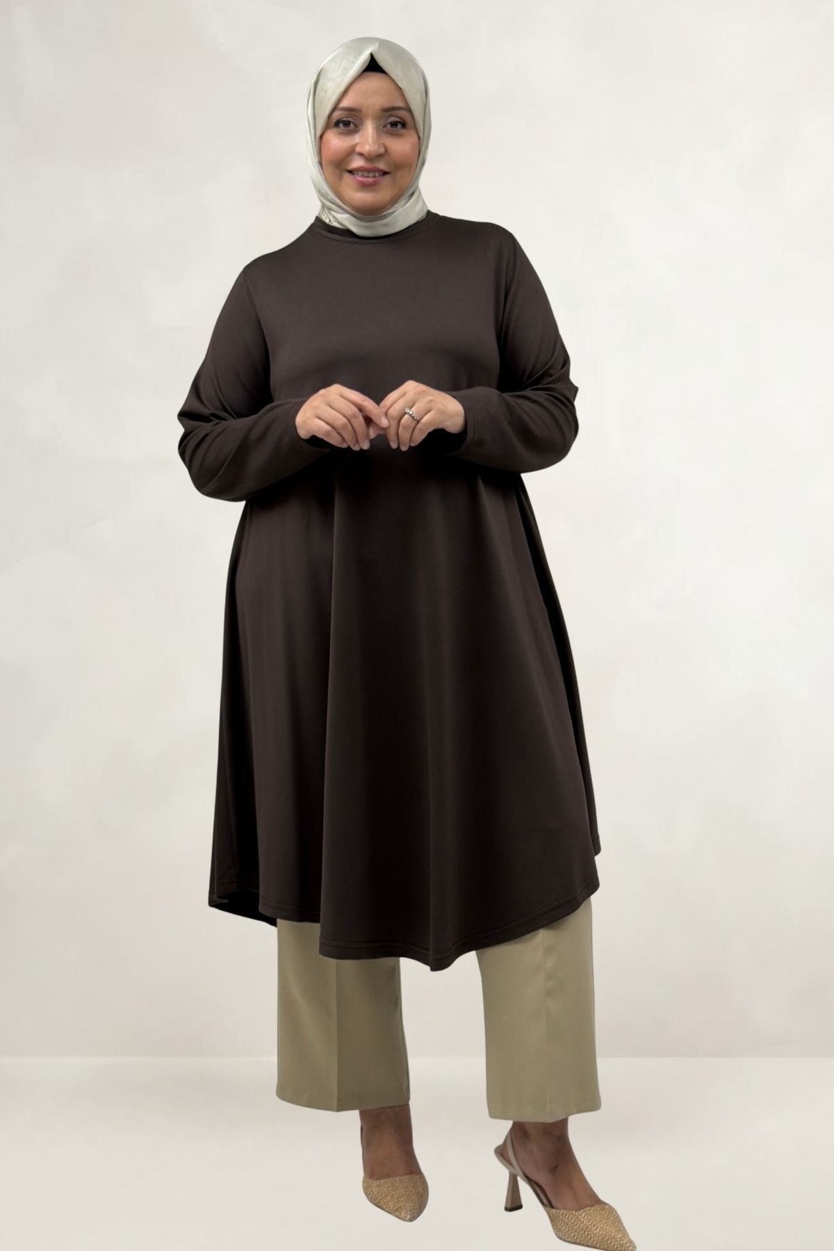 68091 Büyük Beden Basic Modal Tunik - Kahve