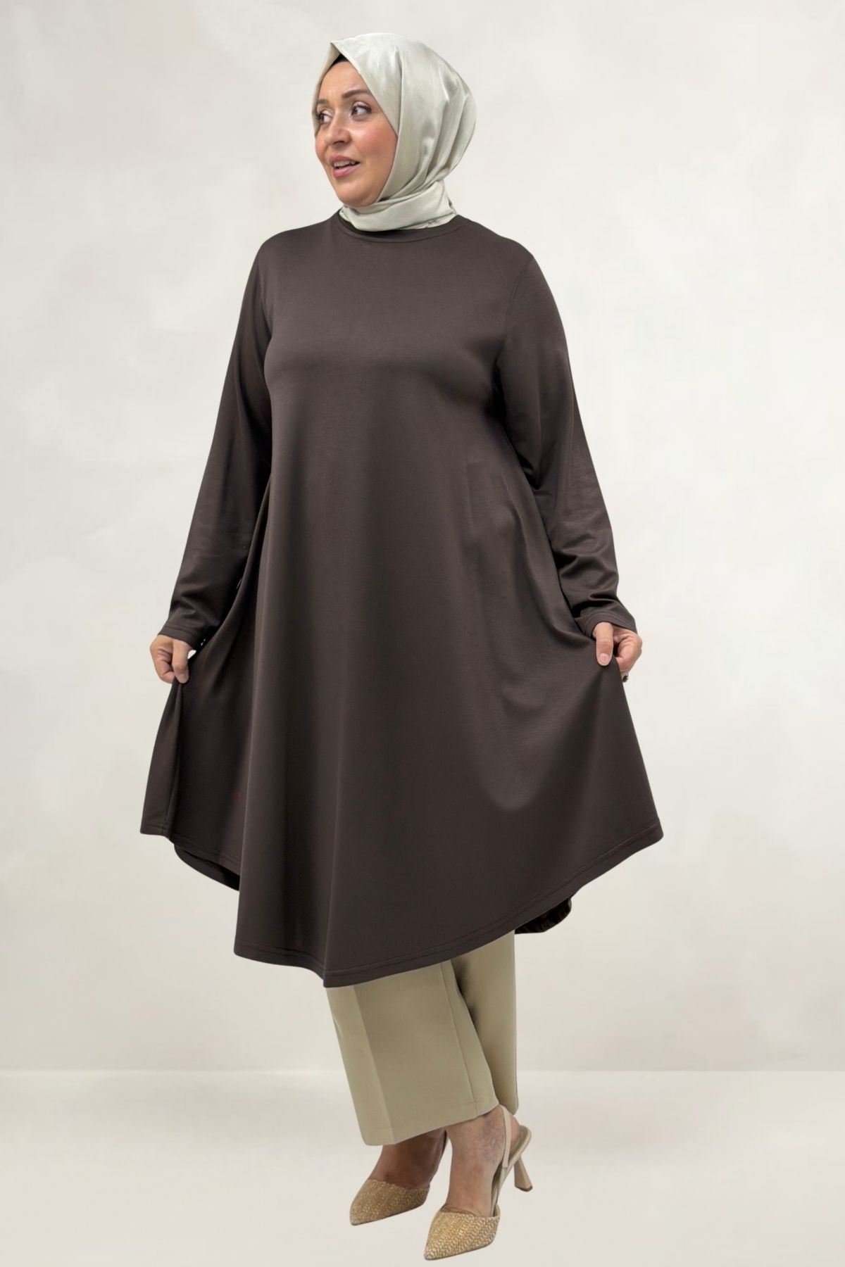 68091 Büyük Beden Basic Modal Tunik - Kahve