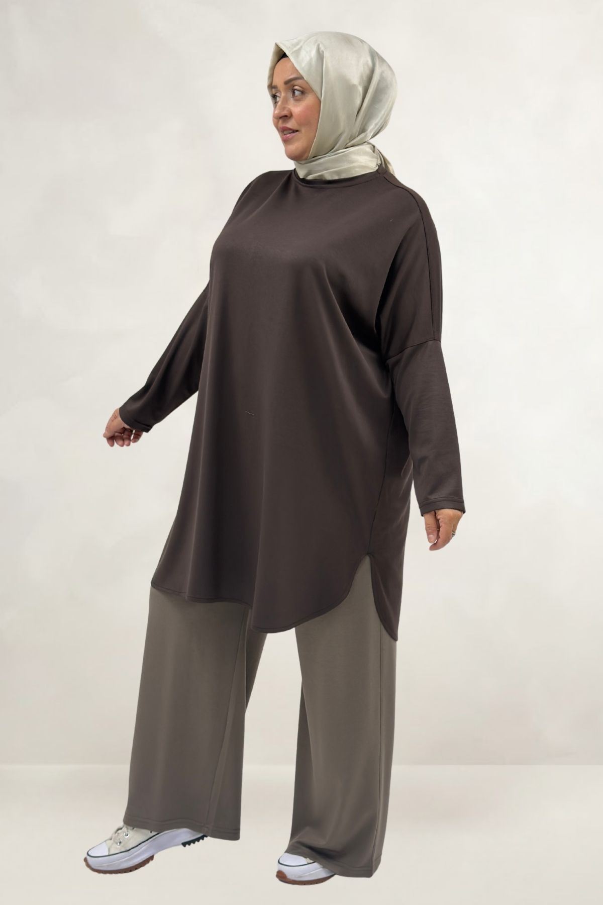 68091 Büyük Beden Basic Modal Tunik - Kahve