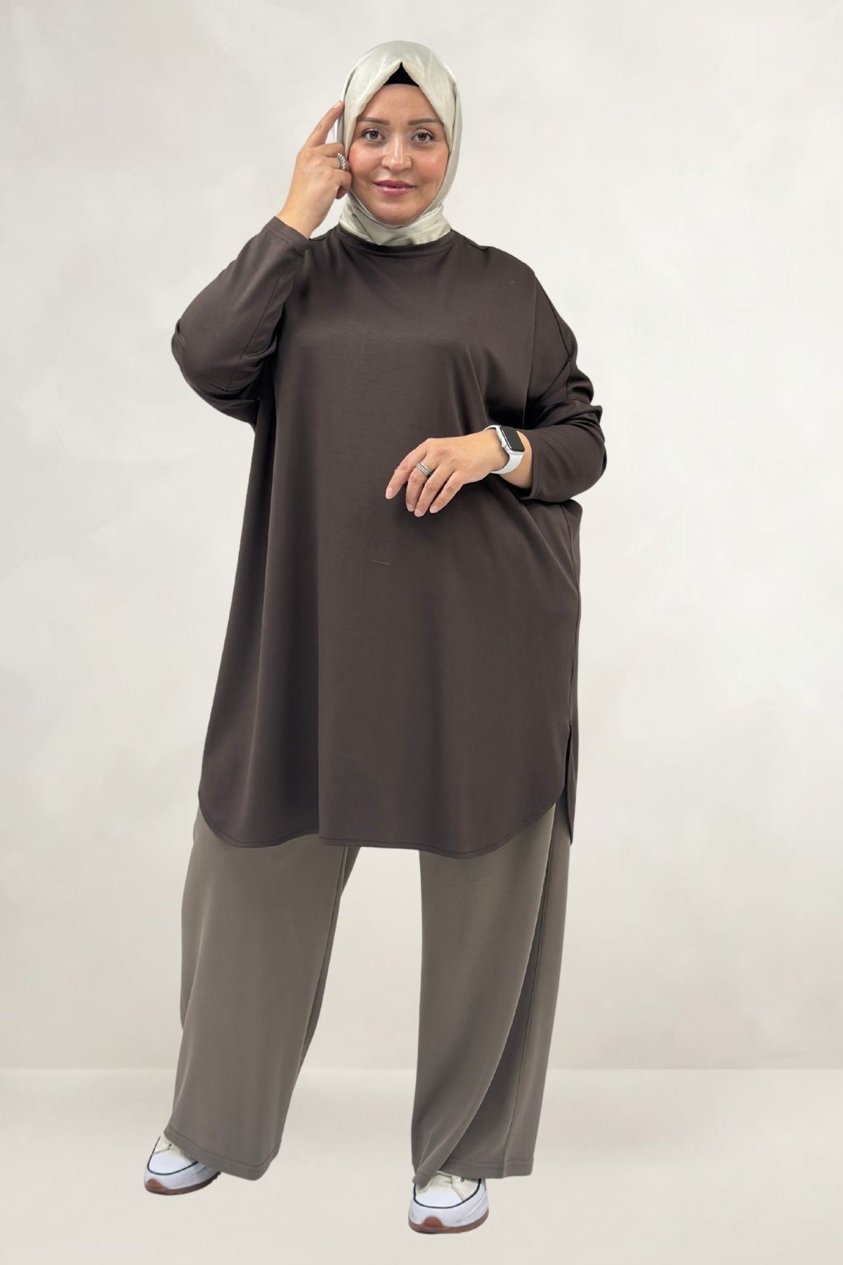68091 Büyük Beden Basic Modal Tunik - Kahve