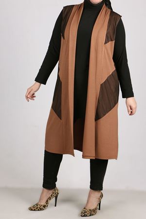 4049 BÜYÜK BEDEN PENYE FİLE DETAYLI YELEK - KAHVE