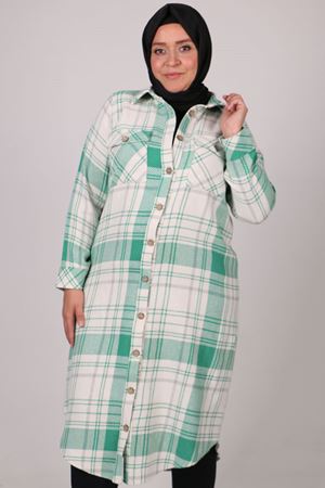 Büyük Beden Cep Detaylı Ekose Gömlek Tunik 10570 -Yeşil