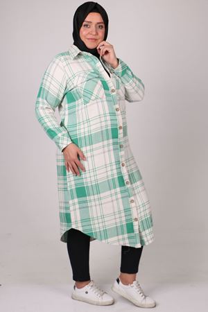 Büyük Beden Cep Detaylı Ekose Gömlek Tunik 10570 -Yeşil