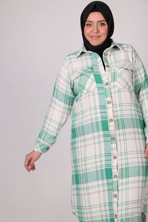Büyük Beden Cep Detaylı Ekose Gömlek Tunik 10570 -Yeşil