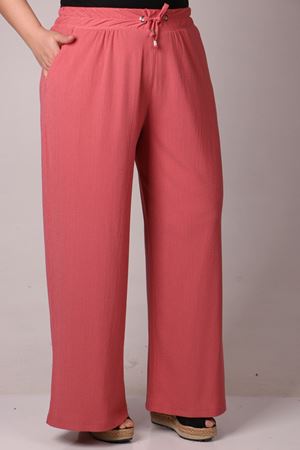 39012 Büyük Beden Bürümcük Bol Paça Pantolon-Gül Kurusu