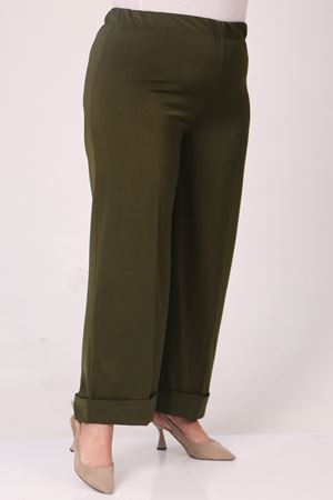 F-39022 Büyük Beden Beli Lastikli Duble Paça Pantolon - Haki