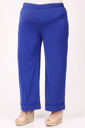 F-39022 Büyük Beden Beli Lastikli Duble Paça Pantolon - Saks