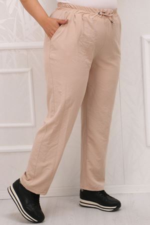F-39024 Büyük Beden Beli Lastikli Star Airobin Dar Paça Pantolon - Bej