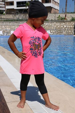 1709-1  Baskılı Kısa Kol Çocuk Havuz Mayosu-Pembe-Siyah