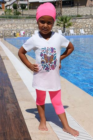 1709-1  Baskılı Kısa Kol Çocuk Havuz Mayosu-Beyaz-Pembe