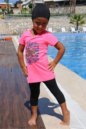 1709-1  Baskılı Kısa Kol Çocuk Havuz Mayosu-Pembe-Siyah