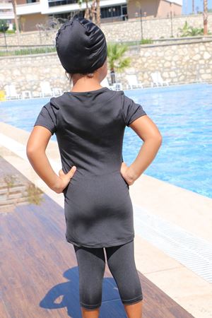 1708-1  Ağaç Baskılı Çocuk Havuz Mayosu - Siyah-Siyah