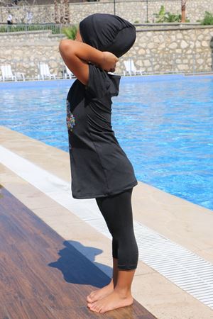 1708-1  Ağaç Baskılı Çocuk Havuz Mayosu - Siyah-Siyah