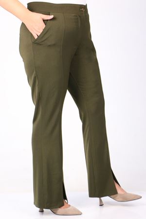 F-39031 Büyük Beden Önü Yırtmaçlı İspanyol Pantolon - Haki