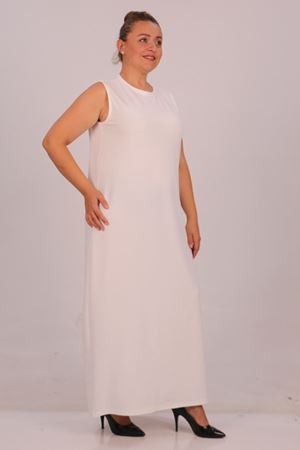 32048 Büyük Beden Scuba Kolsuz Elbise - Ekru