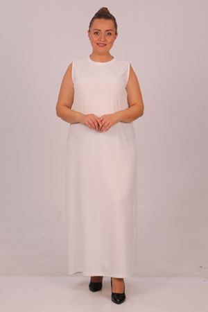 32048 Büyük Beden Scuba Kolsuz Elbise - Ekru