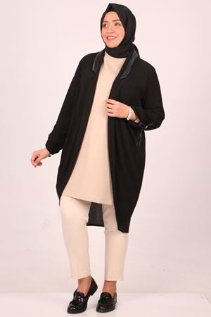 33079 Büyük Beden  Deri Detaylı Kaşkorse Ceket-Siyah