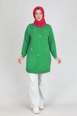 20260 Büyük Beden Tesettür Taş İşlemeli İki İplik Tunik Benetton