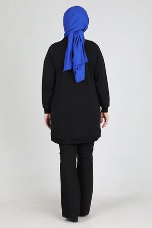 20260 Büyük Beden Tesettür Taş İşlemeli İki İplik Tunik Siyah