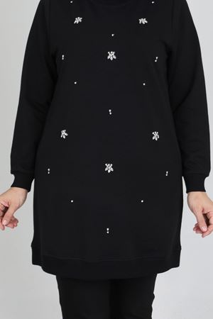 20260 Büyük Beden Tesettür Taş İşlemeli İki İplik Tunik Siyah