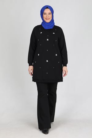 20260 Büyük Beden Tesettür Taş İşlemeli İki İplik Tunik Siyah