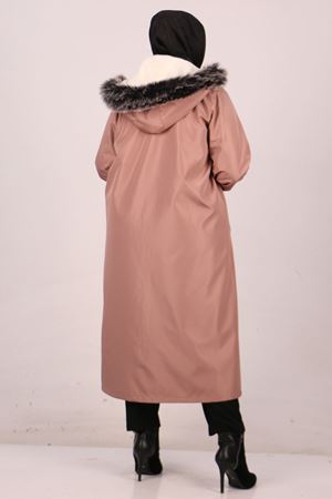 33069 Büyük Beden Kürk Astarlı Bondit Kap - Gül Kurusu