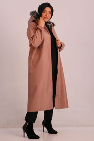 33069 Büyük Beden Kürk Astarlı Bondit Kap - Gül Kurusu