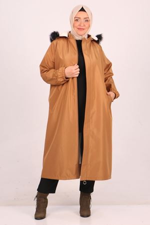 33069 Büyük Beden Kürk Astarlı Bondit Kap - Taba